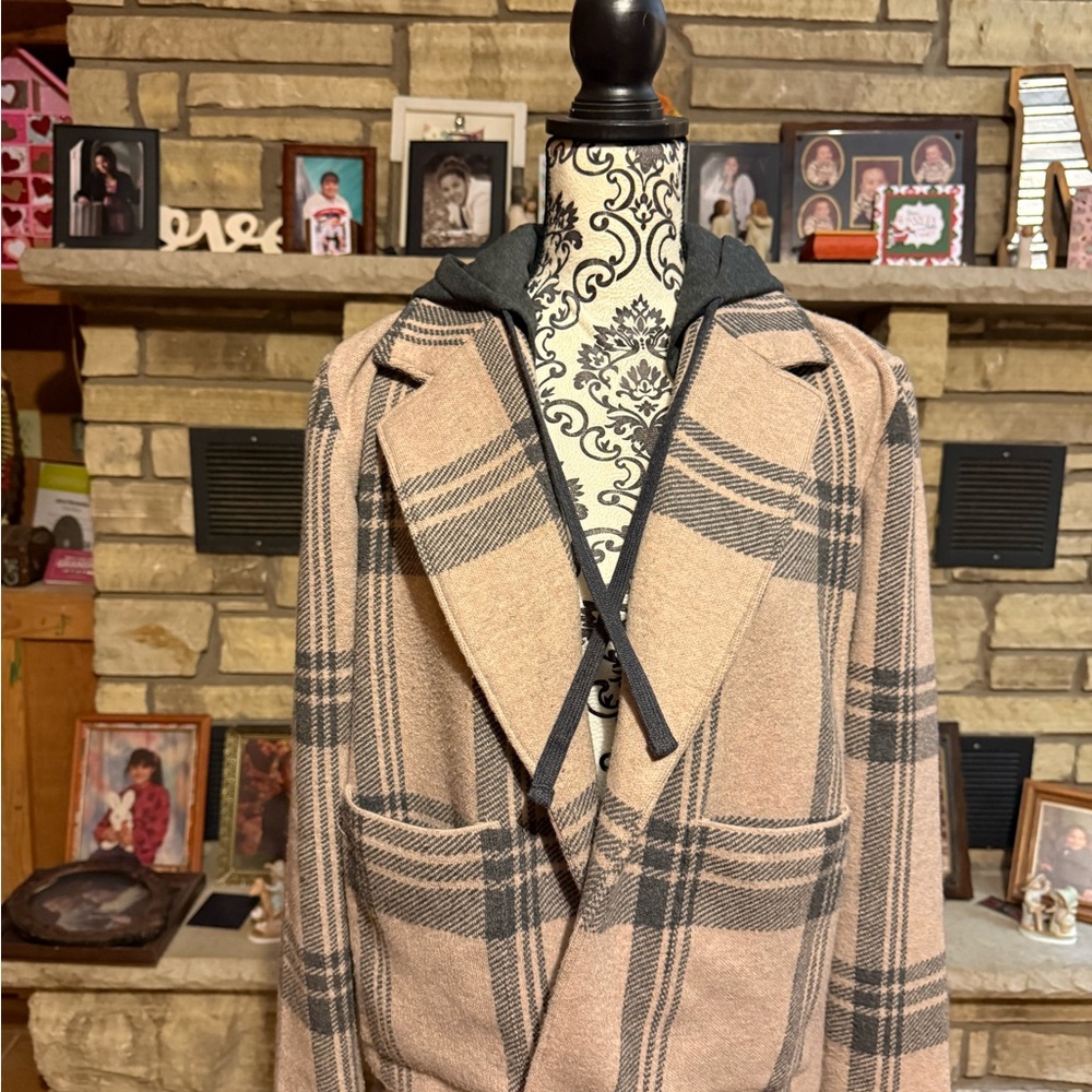 Thread and Supply Plaid Tan and Gray Coat with Hood